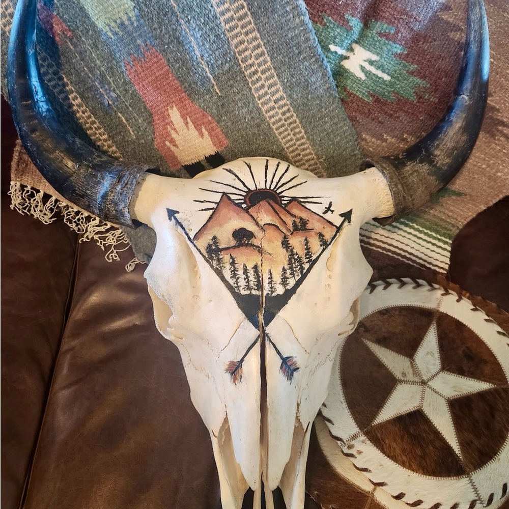Decorative Bull Skull with Mountain Art